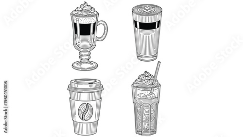 Artistic grayscale sketches depict four different coffee drinks including lattes with foam art and a refreshing iced coffee with a straw.