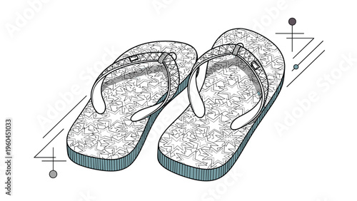 Detailed technical illustration of a pair of flip flops with an intricate star pattern on the footbeds and simple geometric accents.
