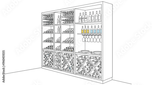 Expansive wine cellar storage cabinet features multiple racks for bottles, hanging wine glasses, and decorative storage crossbars.