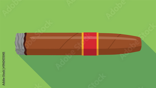 Minimalist flat design illustration of a lit cigar with a red label and gray ash tip casting a long shadow on a green background.