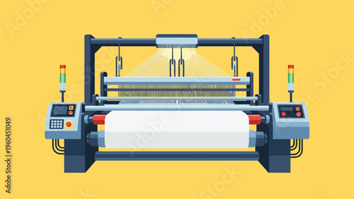 Detailed illustration of an industrial weaving loom machine with a roll of white fabric and control panels on a yellow background.