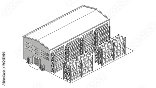 Isometric line drawing of a large industrial warehouse contains numerous tall storage racks filled with neatly organized boxes.