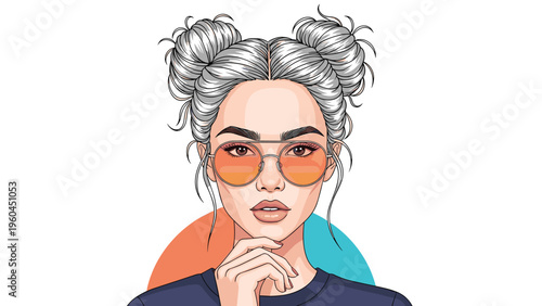 Fashionable woman with silver hair buns and orange sunglasses poses with her hand on her chin against a colorful circular background.