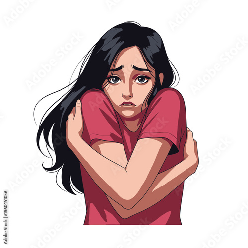 Sad woman with long black hair.