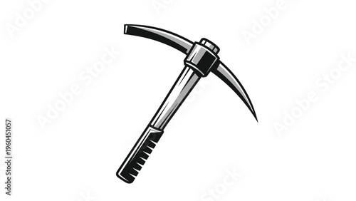 Heavy duty mining pickaxe tool is depicted in a detailed grayscale illustration showing its sharp metal head and textured handle.