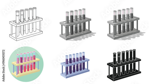Laboratory glassware collection features test tubes in a rack shown in various styles such as line art, grayscale, and flat color.