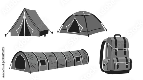 Camping gear collection features two mountain tents, a long tunnel tent, and a large hiking backpack shown in a clean grayscale style.