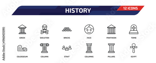 history outline icon set. 12 linear vector for ui, web and mobile. thin line greek, skeleton, bricks and more icons.