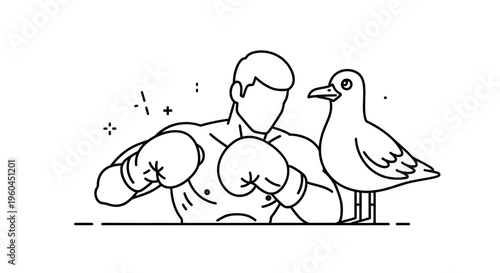 Dynamic line art illustration of a determined boxer in fighting stance accompanied by a watchful