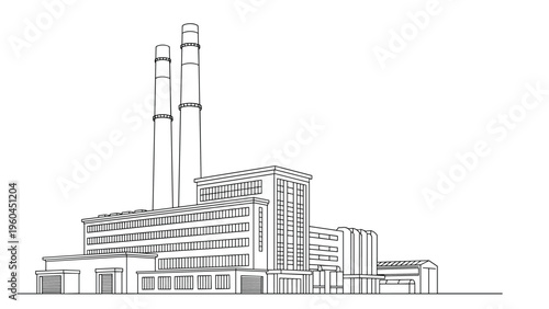 Detailed black and white outline drawing of an industrial factory complex with tall smokestacks and multiple buildings for manufacturing.