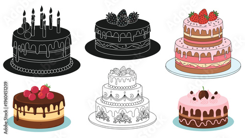 Large assortment of delicious cakes in different styles and sizes including tiered birthday cakes with candles and chocolate decorations.