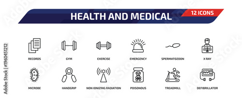 health and medical outline icon set. 12 linear vector for ui, web and mobile. thin line records, gym, exercise and more icons.