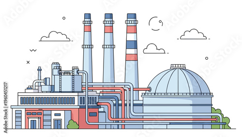 Modern industrial factory building illustration with three striped chimneys large storage tanks and complex piping in a flat line style.