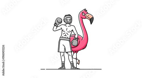 Unusual Combatants: Determined Boxer Poses with a Whimsical Pink Flamingo Companion Illustration