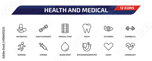 health and medical outline icon set. 12 linear vector for ui, web and mobile. thin line antibiotics, chest expander, medical strip and more icons.