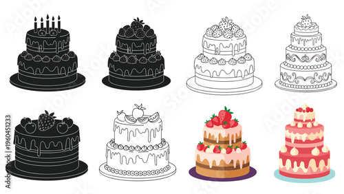 Collection of tiered cakes with strawberries and decorations in various styles including silhouette outline and full color for events.