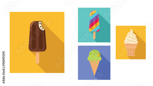 Different types of ice cream icons featuring a chocolate popsicle colorful striped treat soft serve cone and scoop of mint ice cream.