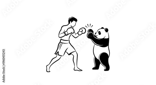 Dynamic black and white line art depicting a human boxer sparring playfully with a panda bear in a