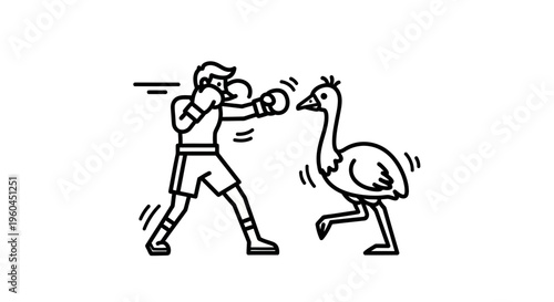 Humorous illustration of a boxer engaged in a comical sparring match with a bird a quirky