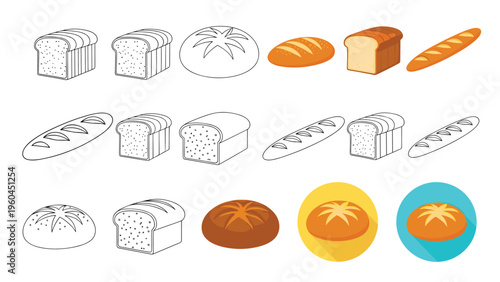 Variety of bread types including loaves baguettes and round buns shown in different styles from simple outlines to detailed color art.