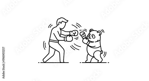 Whimsical line art illustration of a person sparring with an adorable panda bear in boxing gloves,