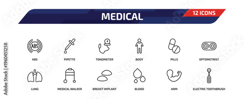 medical outline icon set. 12 linear vector for ui, web and mobile. thin line abs, pipette, tonometer and more icons.