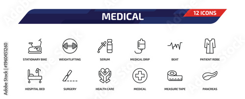 medical outline icon set. 12 linear vector for ui, web and mobile. thin line stationary bike, weightlifting, serum and more icons.