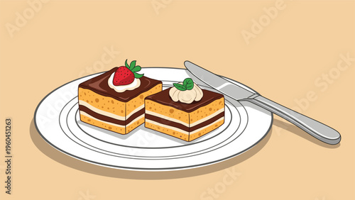 Two delicious square pieces of chocolate layered cake on a white plate with a knife served as a dessert on a light brown background.