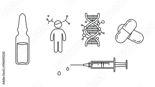 Medical and scientific icons set including a vial person icon DNA helix capsules and a syringe with falling drops on white background.