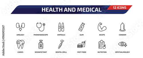 health and medical outline icon set. 12 linear vector for ui, web and mobile. thin line urology, phonendoscope, ampoule and more icons.