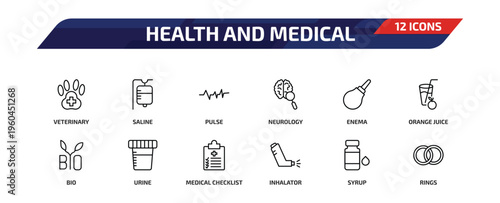 health and medical outline icon set. 12 linear vector for ui, web and mobile. thin line veterinary, saline, pulse and more icons.