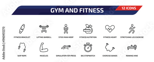 gym and fitness outline icon set. 12 linear vector for ui, web and mobile. thin line fitness bracelet, lifting barbell, stick man hoop and more icons.