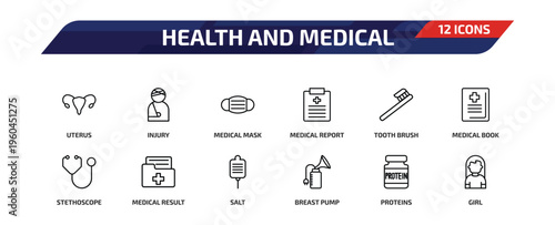 health and medical outline icon set. 12 linear vector for ui, web and mobile. thin line uterus, injury, medical mask and more icons.