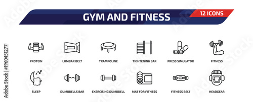 gym and fitness outline icon set. 12 linear vector for ui, web and mobile. thin line protein, lumbar belt, trampoline and more icons.