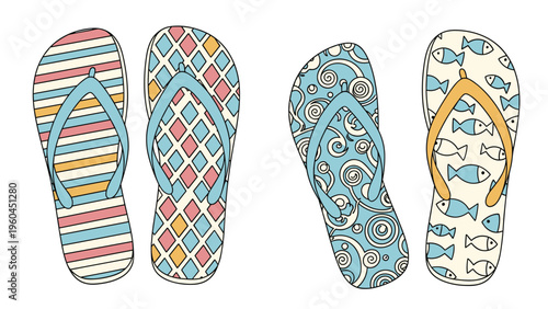 Two pairs of stylish patterned flip-flops including striped diamond and swirl designs with fish motifs perfect for summer beach wear.