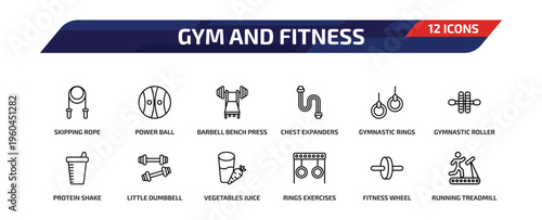 gym and fitness outline icon set. 12 linear vector for ui, web and mobile. thin line skipping rope, power ball, barbell bench press and more icons.