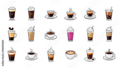 Comprehensive collection of various coffee drink icons including espresso latte cappuccino iced coffee and drinks with whipped cream.