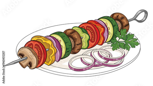 Grilled vegetable skewer on a white plate featuring tomatoes zucchini peppers and mushrooms served with sliced red onion and parsley.