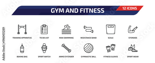 gym and fitness outline icon set. 12 linear vector for ui, web and mobile. thin line training apparatus, to do list, man swimming and more icons.