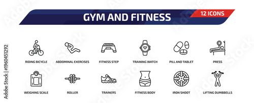gym and fitness outline icon set. 12 linear vector for ui, web and mobile. thin line riding bicycle, abdominal exercises, fitness step and more icons.
