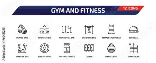 gym and fitness outline icon set. 12 linear vector for ui, web and mobile. thin line pilates ball, hydratation, horizontal bar and more icons.