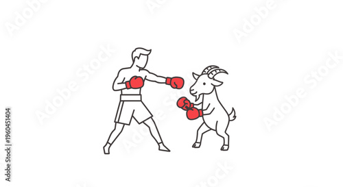 Dynamic minimalist illustration depicting a human boxer sparring playfully with a boxing goat in