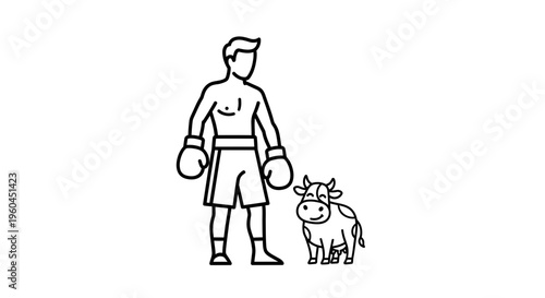 Unlikely duo: boxer and cow standing together in a whimsical line art illustration