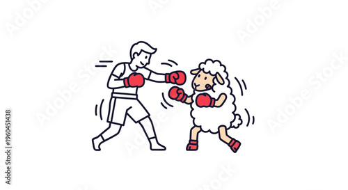 Whimsical line art illustration of a person boxing with a fluffy sheep, showcasing an unexpected