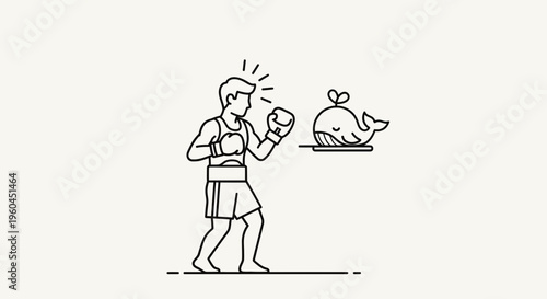 Boxer preparing to face a whimsical sleeping whale in an unexpected, minimalist line art challenge