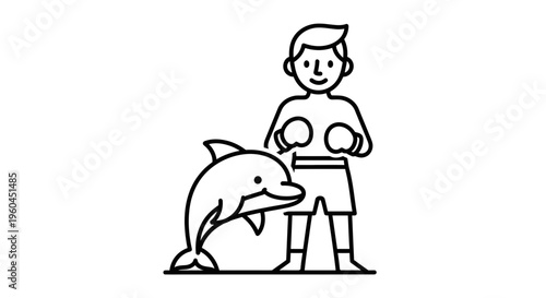 Unconventional training duo: a young boxer and a playful dolphin outline illustration