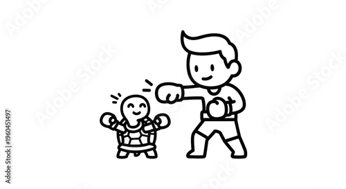 Playful cartoon boxing match between a cheerful boy and an enthusiastic turtle with gloves