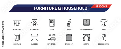 furniture & household outline icon set. 12 linear vector for ui, web and mobile. thin line gateleg table, heating unit, door and more icons.