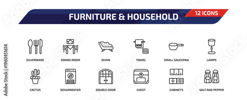 furniture & household outline icon set. 12 linear vector for ui, web and mobile. thin line silverware, dining room, divan and more icons.