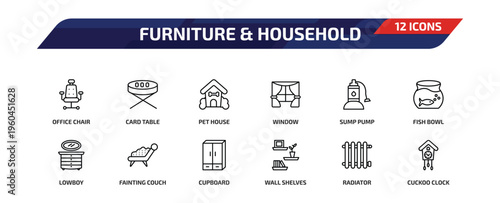 furniture & household outline icon set. 12 linear vector for ui, web and mobile. thin line office chair, card table, pet house and more icons.